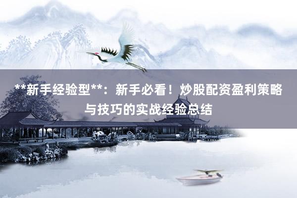 **新手经验型**:新手必看!炒股配资盈利策略与技巧的实战经验总结